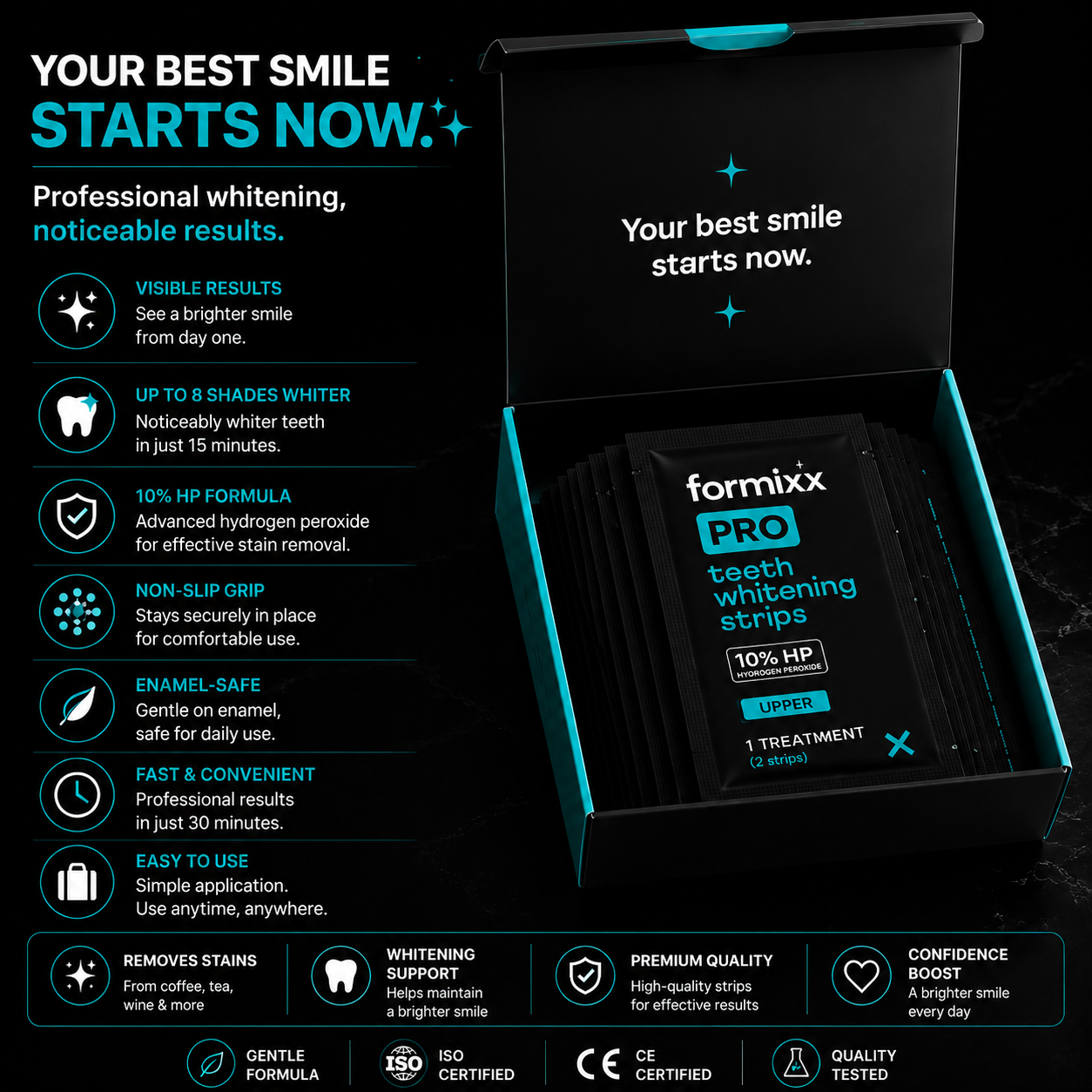 ✅Formixx Black Teeth Whitening Strips | Professional Whitening Results at Home(Ultra Strong Whitening)