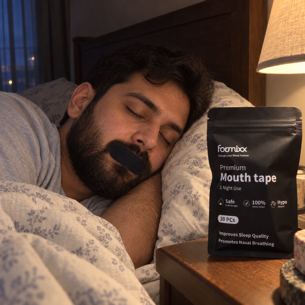 Bearded man asleep wearing a Formixx mouth tape, with the Formixx pouch on the bedside table