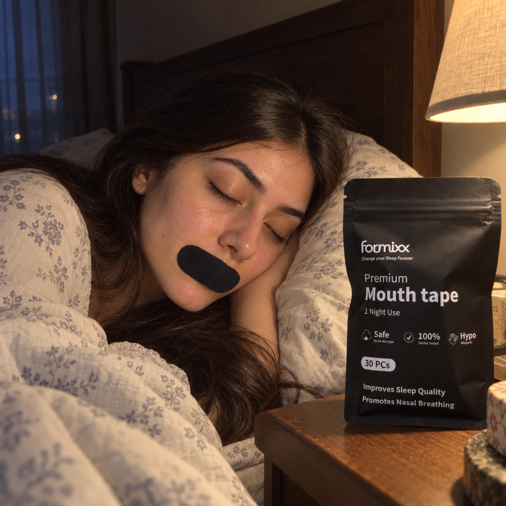 Woman asleep wearing a Formixx mouth tape, with the Formixx pouch on the bedside table